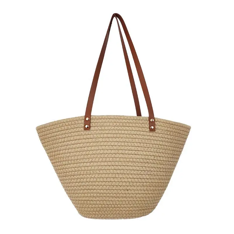 

New Cotton Rope Large Capacity Woven Totes Fashion Single Shoulder Straw Woven Shopping Bag Casual Handbags Women's Beach Bag