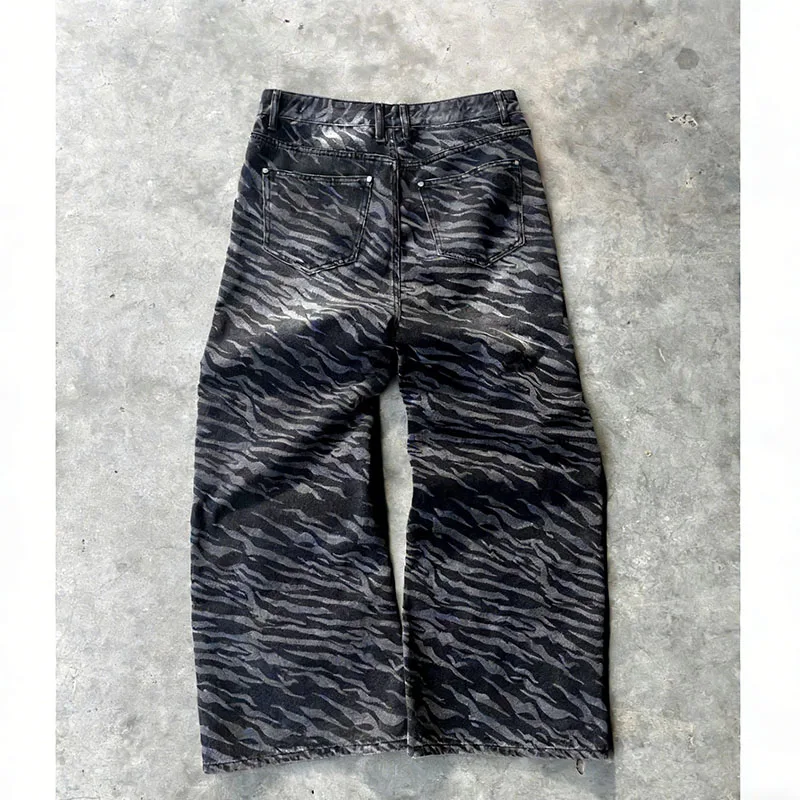 

Y2K Style Retro Washed Distressed Tiger Stripe Pattern Niche Design Loose Slimming Style Casual Straight-Leg Jeans for Wome