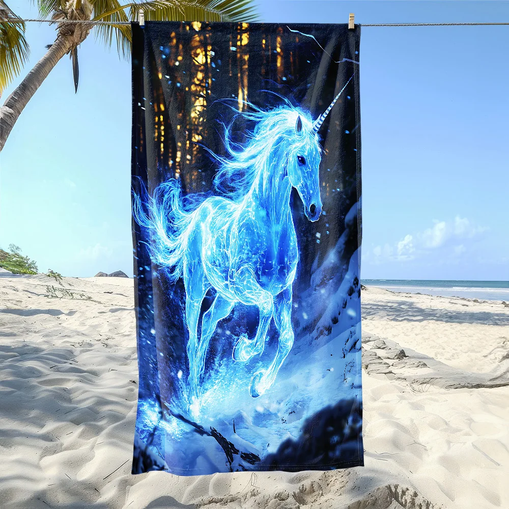 Blue Unicorn Starry Forest Print Beach Towel Polyester Soft Quick Dry Large Bath Towel Summer Swimming Pool Surfing Blanket