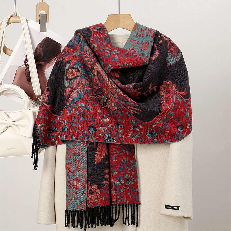Luxury Winter Pashmina Scarf Women Floral Embroidery Shawls Cashmere Chunky Stoles Lady Elegant Poncho Outdoor Bufanda