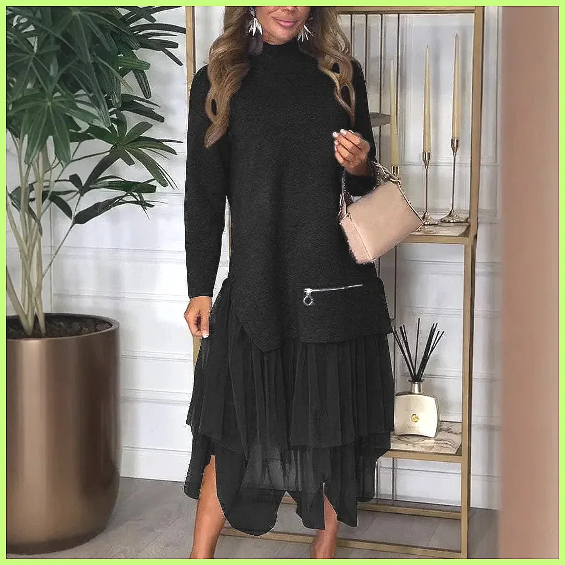 Abito in Felpa con Inserti in Pizzo per Donna, Manica Lunga, Elegante Vestito da Festa per Autunno e Inverno