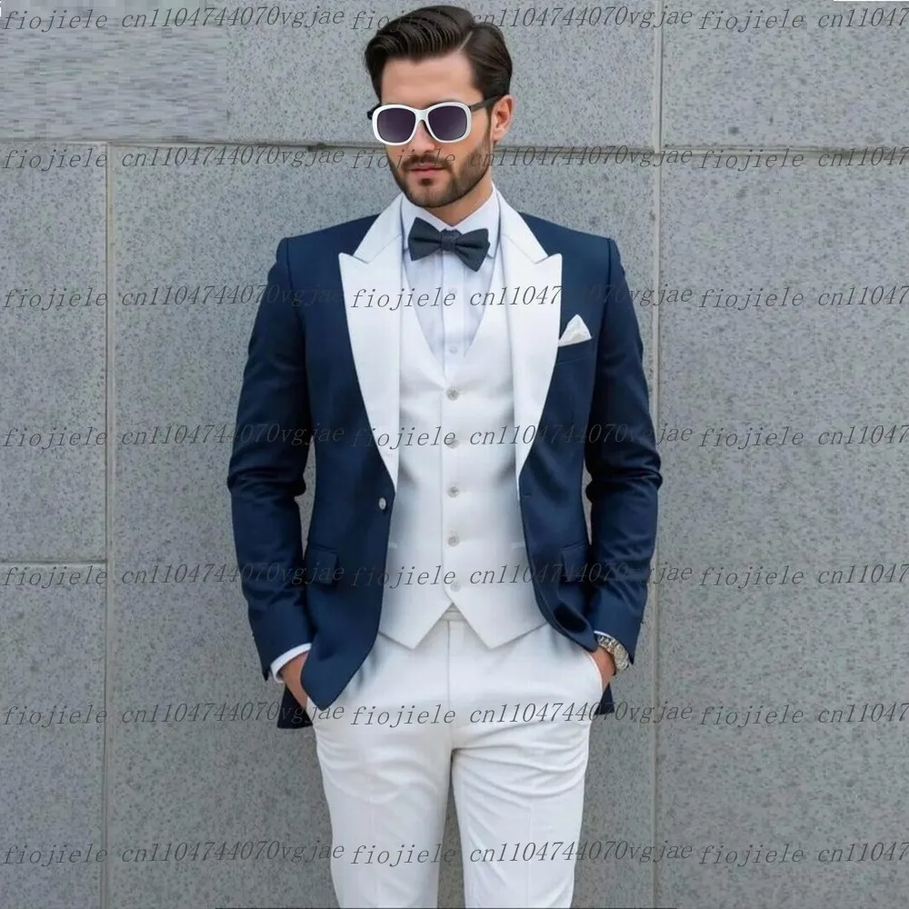 جديد الأزرق الداكن والأبيض الرجال البدلة الرسمية حفل زفاف العريس الأعمال الذكور البدلات الرسمية مخصصة 3 قطعة مجموعة سترة سترة السراويل