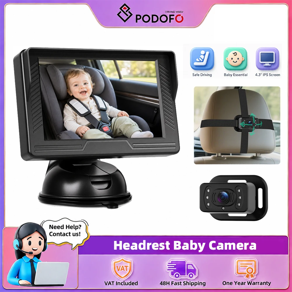 Podofo 4,3'' HD Kopfstützen-Babykamera-Monitor mit Nachtsicht für Babys Weitwinkelobjektiv IPS-Bildschirm Universelles Geräte-Display