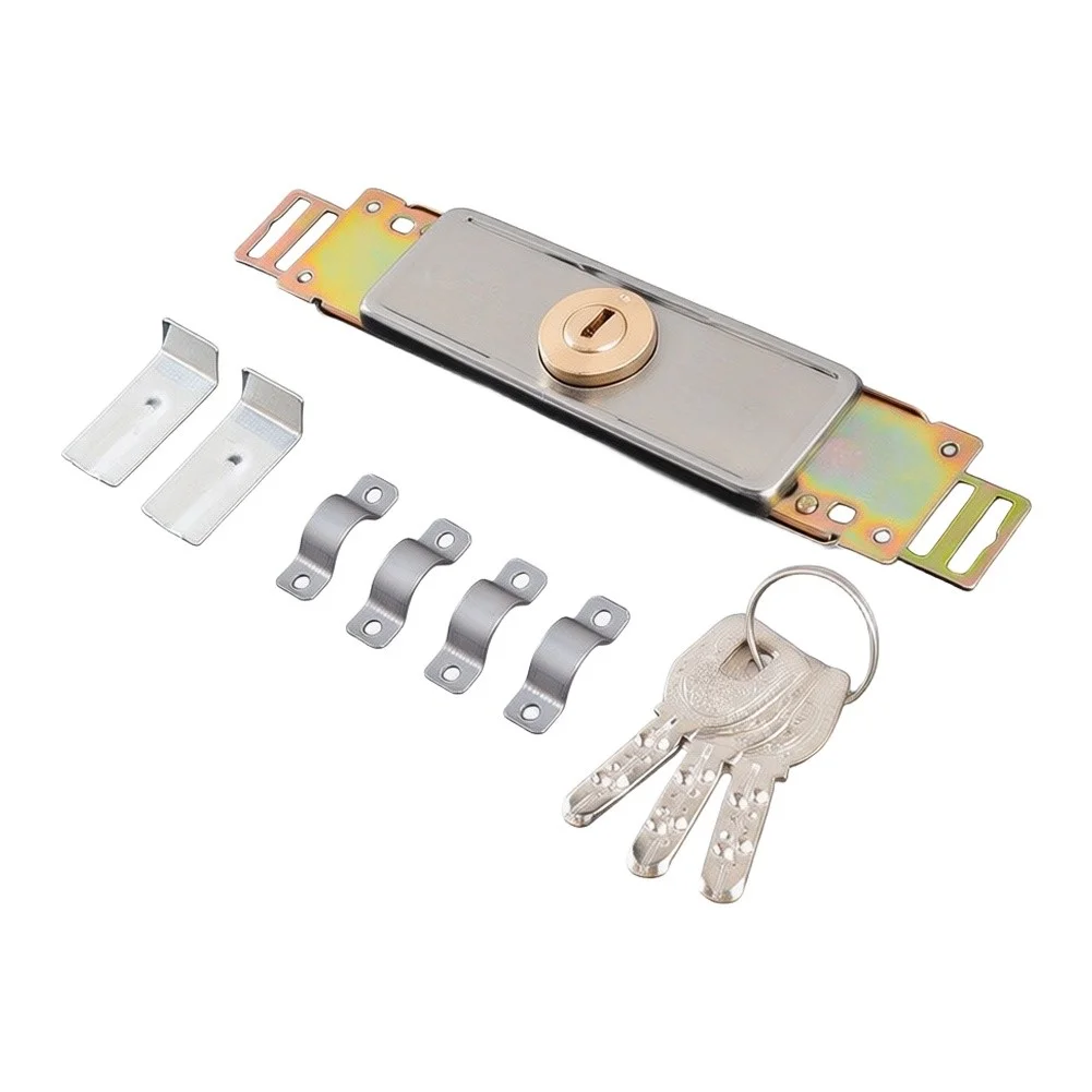 Garage Roller Shutter Security Lock Made of Thickened Steel with Polished Brass Gold Cylinder Face Metallic Silver Base