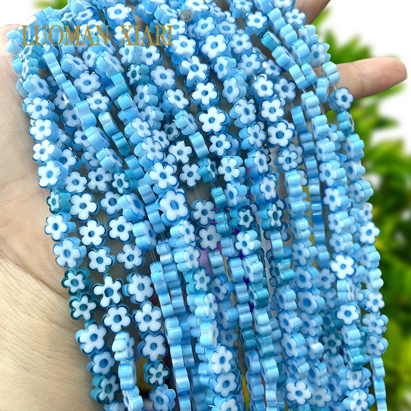 4 6 8MM Blue Flower Nepal Style Handmade Glass Glazed Print Lampwork Spacer Beads for Jewelry Making DIY Bracelet Accessories