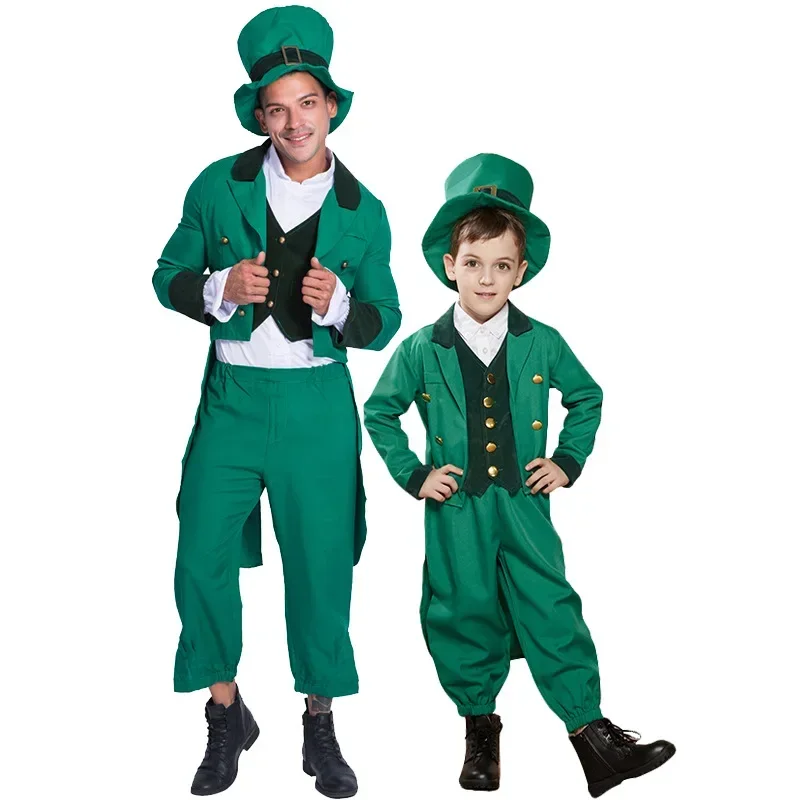 Irish St. Patrick's Day Green Suit for Men Kids Halloween Parent-child Fancy Party Outfit Hat Jacket Pants Vest Festival Clothes