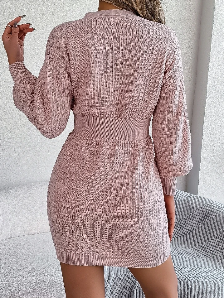 Women's Button V-Neck Fried Dough Twists Lantern Sleeve Hip Wrap Sweater Dress Temperament Commuting Female Fashion Mini Dresses