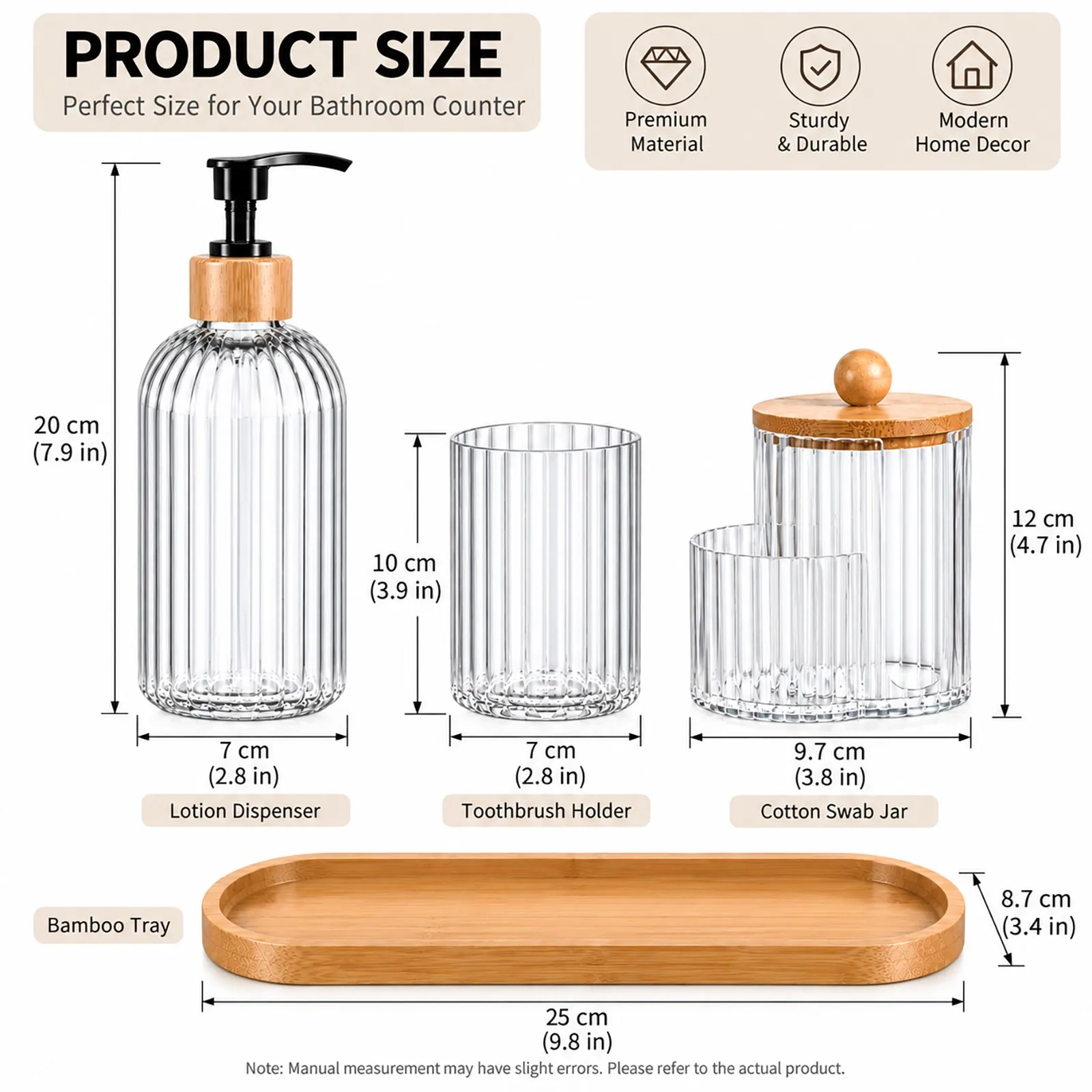 Bathroom Accessories Set 4 Piece Ribbed Vanity Organizer with Soap Dispenser Toothbrush Holder and Bamboo Tray Clear/Gray Set