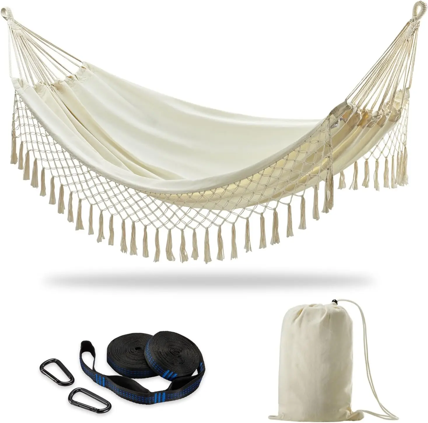 Extra Large Double Hammock with Tree Straps, 94x63IN for Two, 450lbs Capacity, Soft Cotton Fabric - Natural White