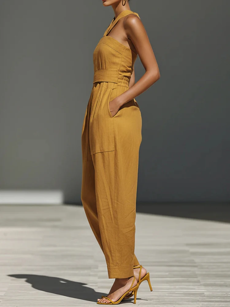 Hollow Solid Patchwork Chic Jumpsuits, Women Spring Summer Halter Lacing Up Playsuits, 2026 Sleeveless Elgant Ladies Bodysuits
