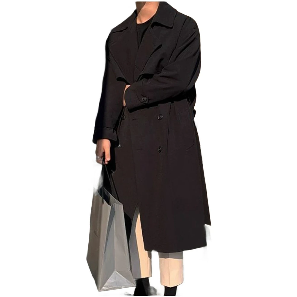 

Мужской однотонный двубортный длинный плащ, свободные корейские повседневные ветрозащитные куртки