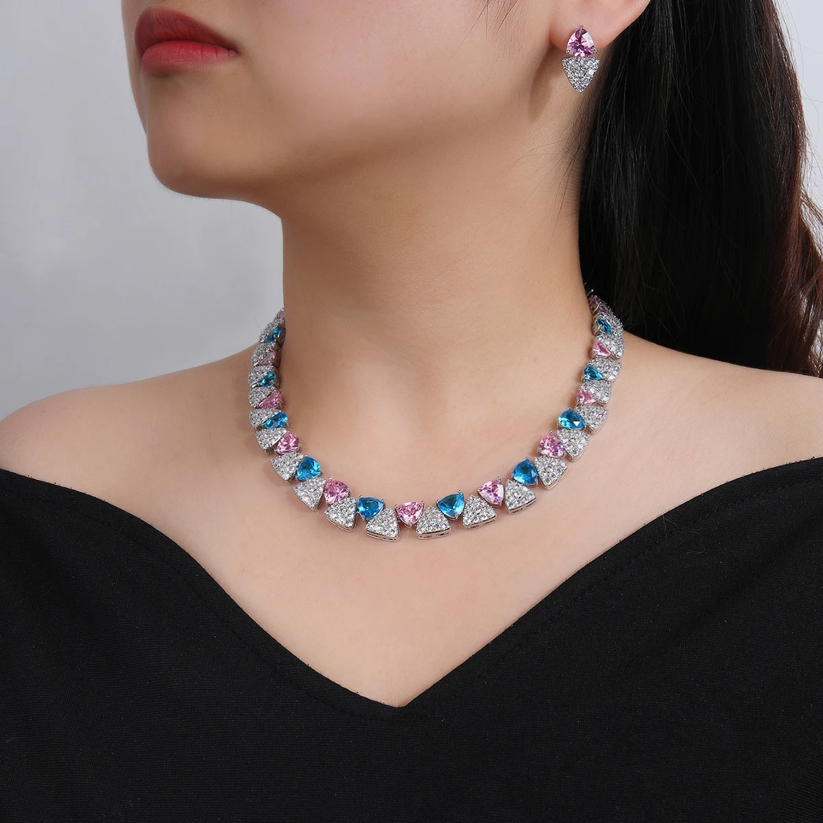 Elegant Multi Color Love Heart Cubic Zirconia Necklace Set  Wedding Bridal Necklace Earrings Costume Jewelry Set CN11332