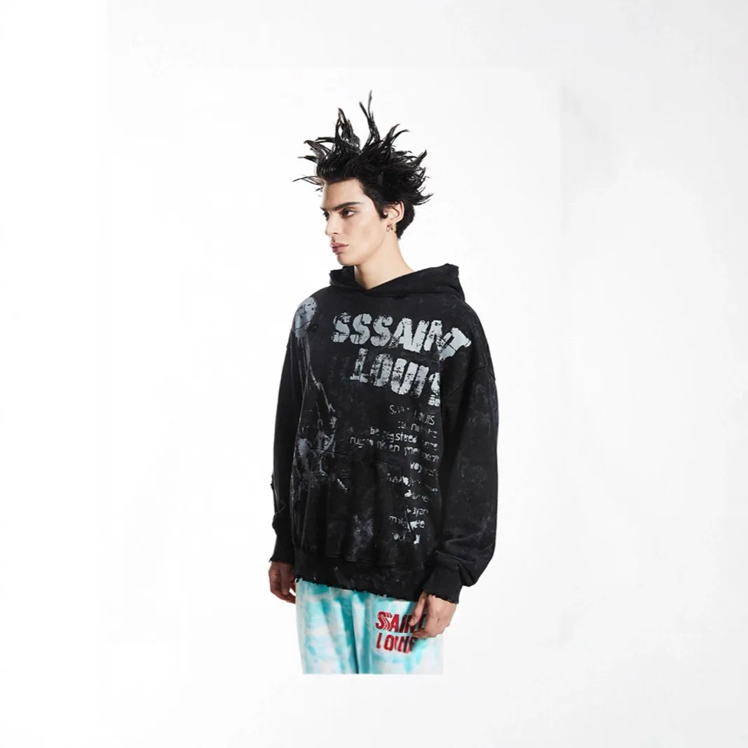 SSSAINT LOUIS Vintage Letterprint Cool Youth Fashionable Fall-Winter Hooded Sweatshirt for Men and Women Trendy