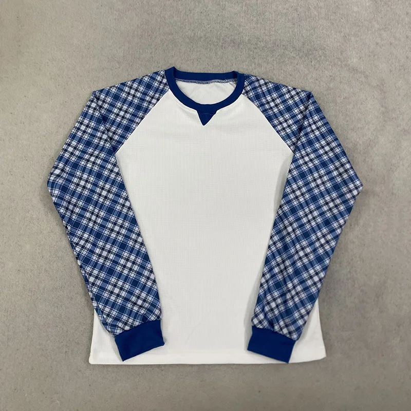 Retro-Kariertes Schulter-Waffel-Langarmshirt mit Rundhalsausschnitt, lässiger, lockerer, vielseitiger, trendiger Herrenpullover für den Herbst. – Detail 5