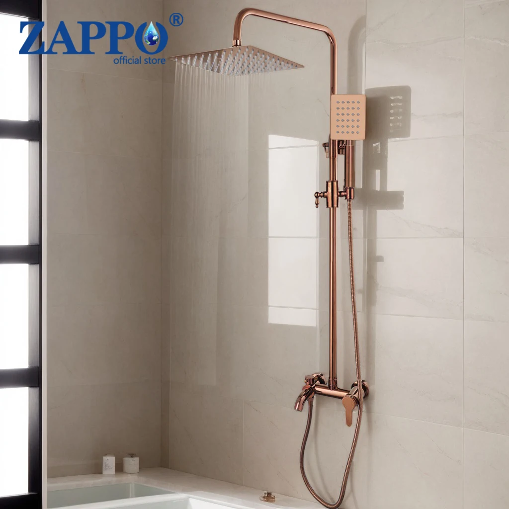 ZAPPO Solid Brass Rose Golden Shower Faucet Set Pink Bathroom Bathtub Mixer Rainfall Spray Hand Square Shower Shower Facuets