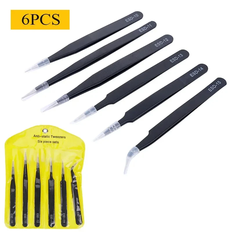 6Pcs ESD Tweezers Set Anti-static Eyelash Tweezers Electronic Repair Tools for iPhone PC Watch Camera Game Console