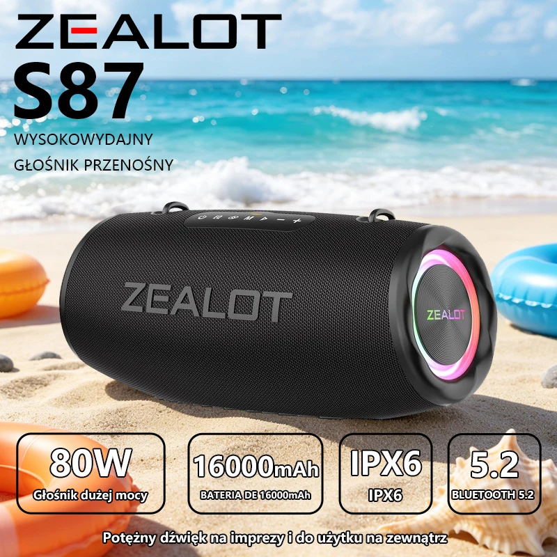 Zealot-S87 Tragbarer Kabelloser Bluetooth-Lautsprecher 80W Hochleistungs-Subwoofer Stereo Wasserdichter Outdoor-Lautsprecher