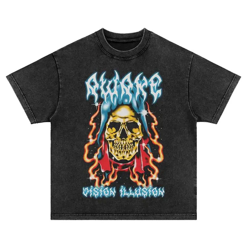 Summer Streetwear Vintage Punk Playing Cards Skull Print T-Shirt Hip Hop Washed Oversized Fashion Harajuku Leisure Cotton Tshirt