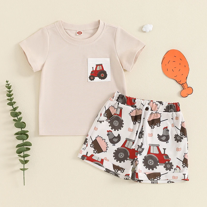 Toddler Kids Boys Clothes Set Tractor Print Short Sleeve T-shirt with Elastic Waist Shorts Set Summer Outfit