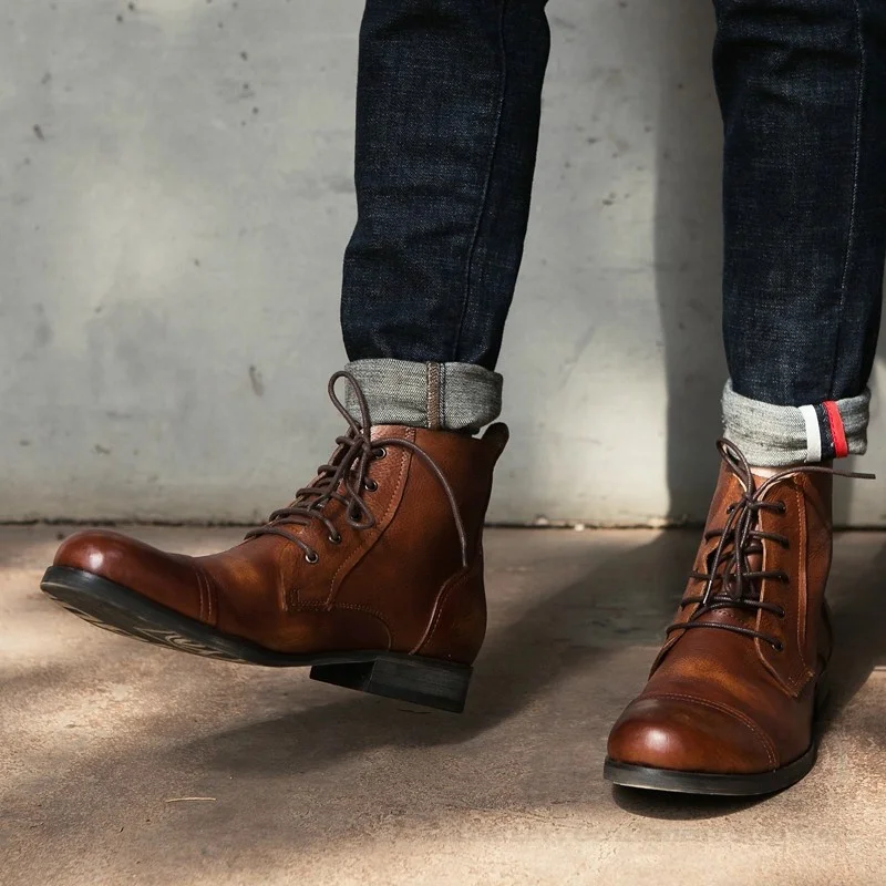 New Retro Genuine Leather High Top Boot Men Round Toe Lace Up Trendy Handmade Make Old Male Winter Outside Work Short Boot