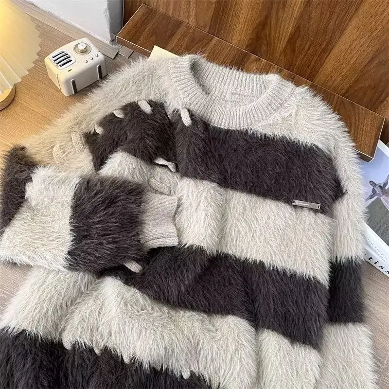 

Rough Knitted round Ne Sweater Men's Loose Sle Autumn Winter American Ins High Street Couple Design Knitted Line Clothes