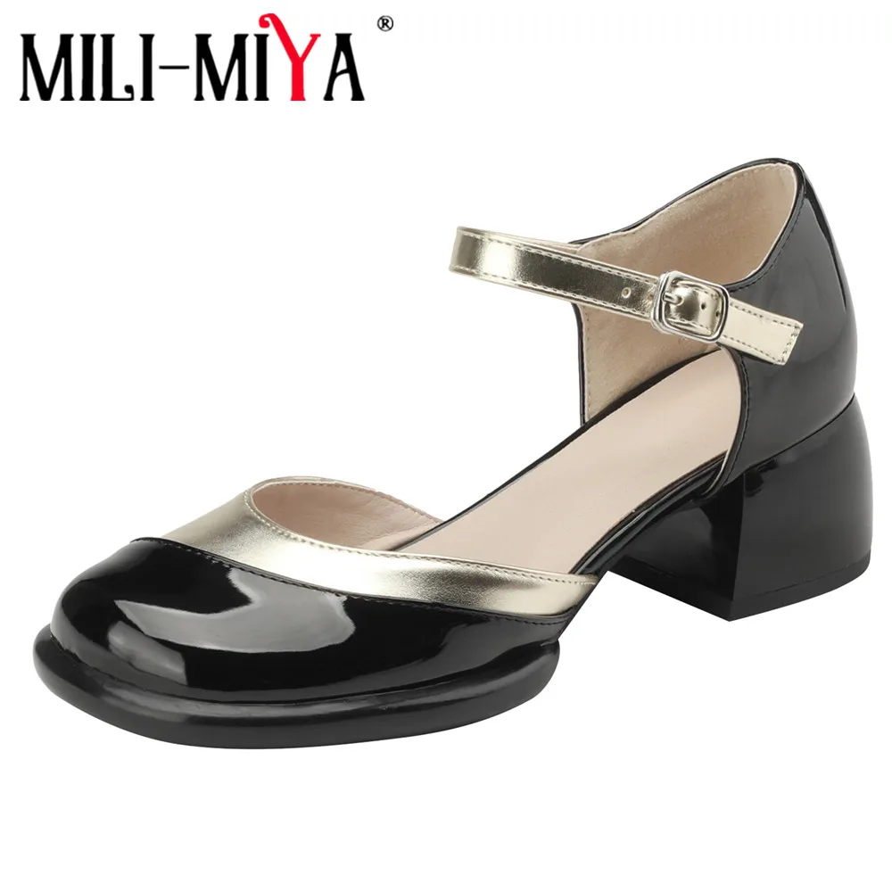 MILI-MIYA Fashion Mixed Color Women Microfiber Pumps Round Toe Buckle Strap Thick Heels Plus Size 34-43 Dress Party Shoes