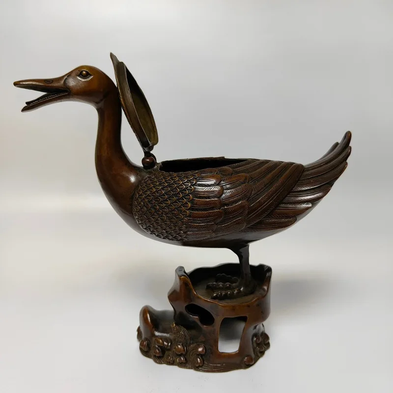 Brass craft,with opening lid container incense burner antique bronze open-mouth duck ornament