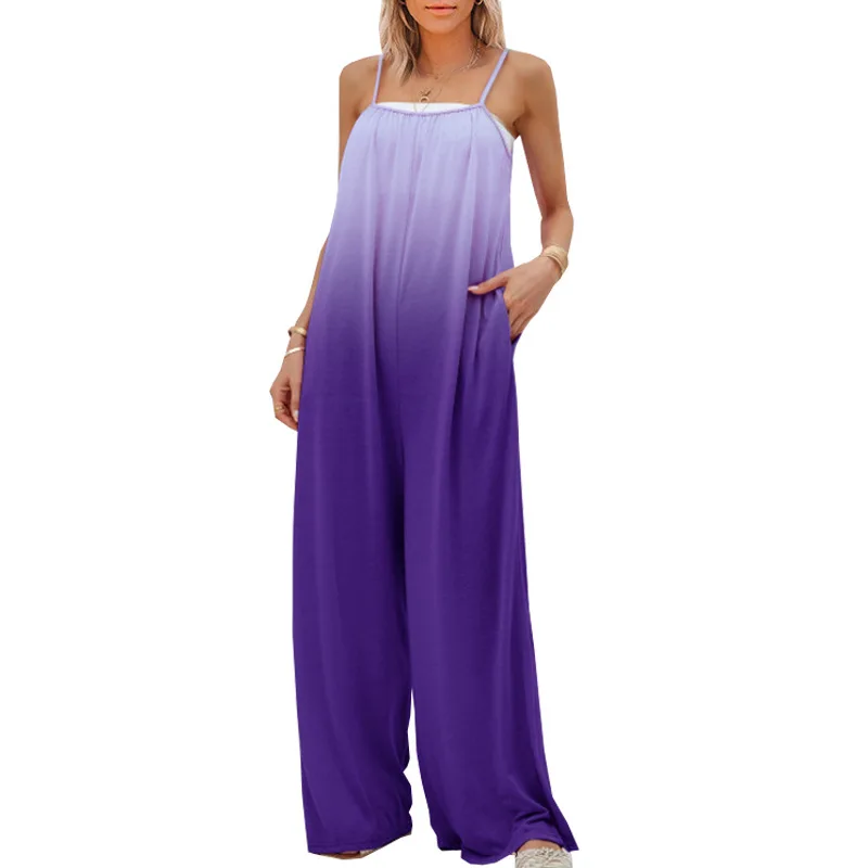 2023 Summer New Women\'s Jumpsuit Fashion Loose Color Gradient Wide Leg Pants Casual Sleeveless High Waistband Jumpsuit Overalls