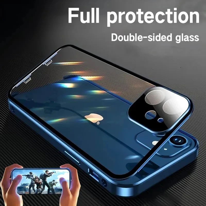 

360° Protection Glass Case For iPhone 12 13 14 Pro Max Metal Phone Shell New Luxury Magnetic Waterproof Adsorption Phone Cover