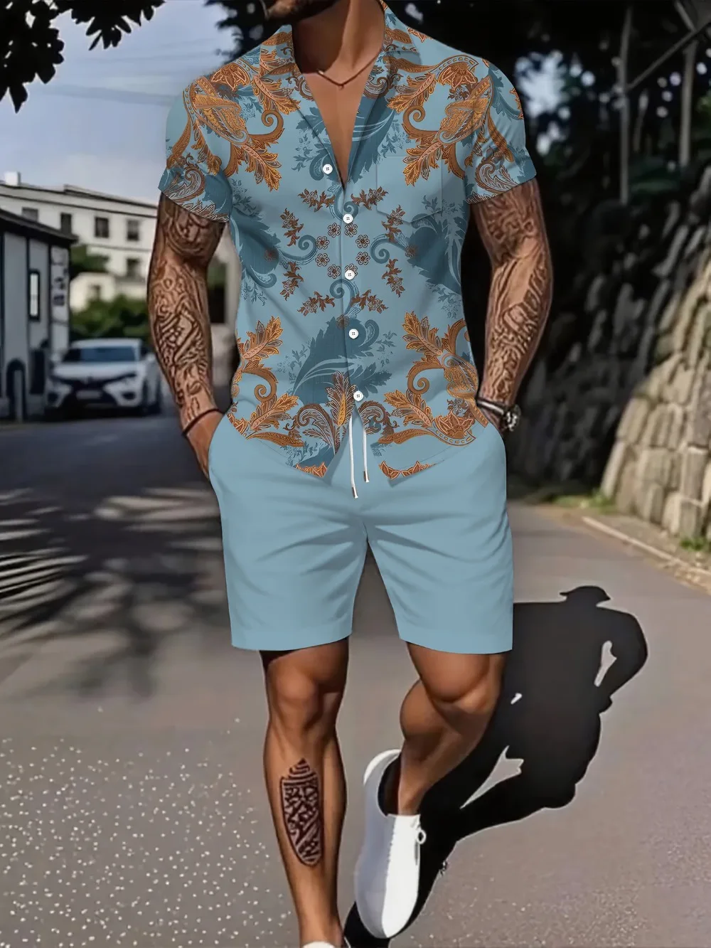 

Men's Digital Printed Single Breasted Lapel Short Sleeved Shorts Set Casual and Fashionable Beach Vacation Street Trend