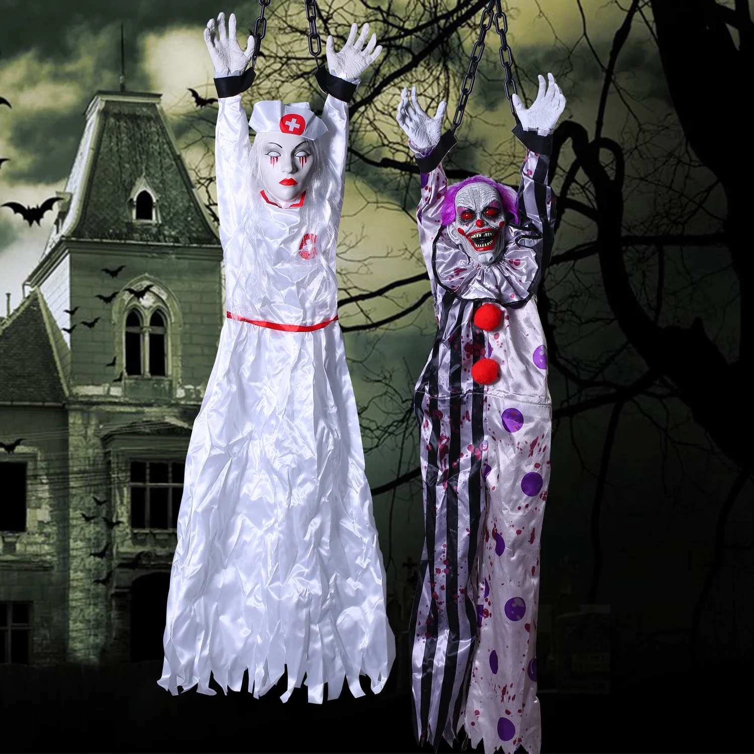 

Electric Halloween Hanging Ghost Clown Nurse Bride Voice Control Chain Hanger Horror Props Haunted House Halloween Decorations