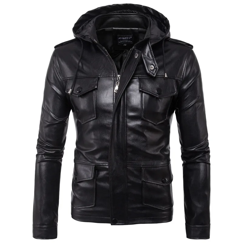 

2023 Autumn New European and American Men's Motorcycle Hooded Leather Jacket