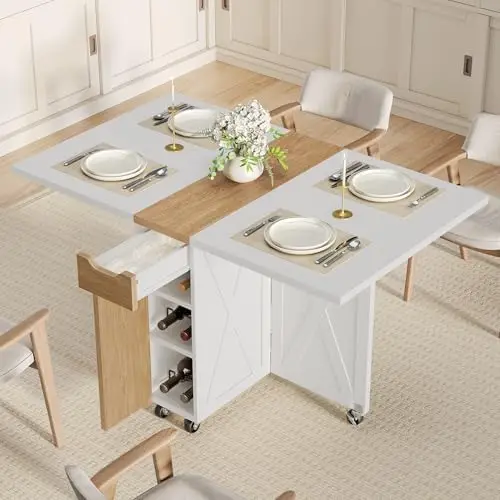 Folding Dining Table with 6 Wheels, Drop Leaf Tables for Small Spaces, Foldable Dining Table with 2-Layer Storage Rack