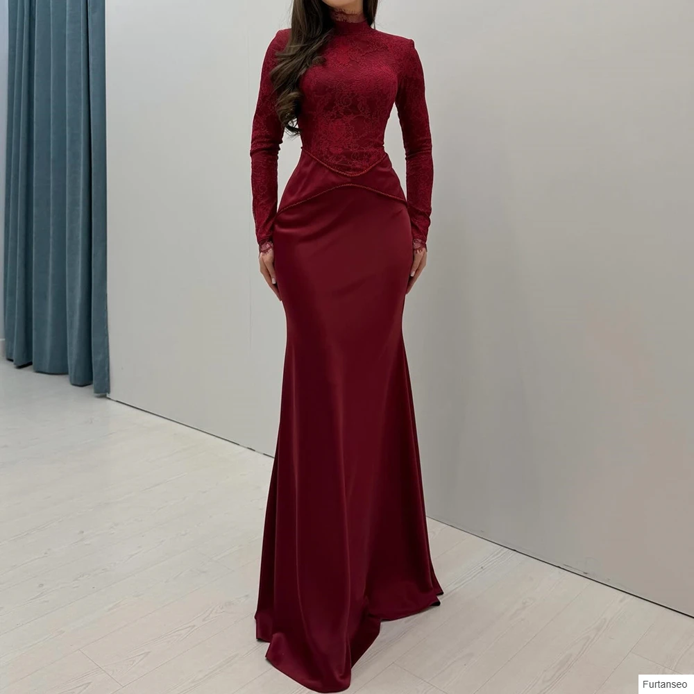 

A-line Women's Evening Dresses Floor-length High-neck Full Sleeve Prom Gown Fashion Lace Simple Draped Casual Customized Gowns