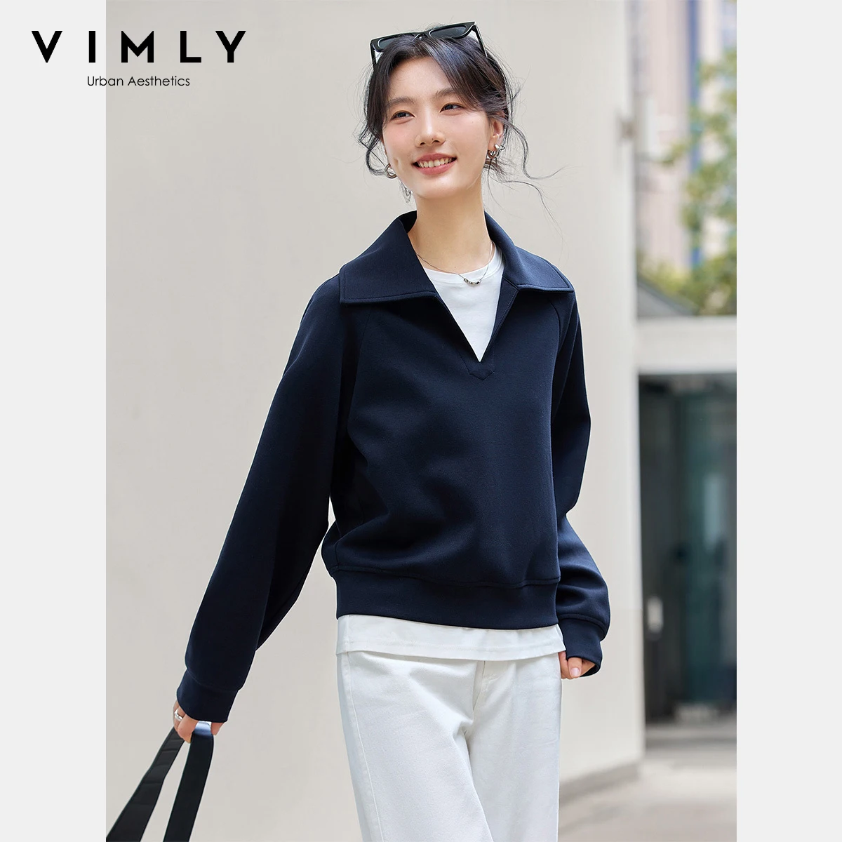 VIMLY Sports Women Sweatshirts Autumn 2025 Navy Blue Knitted Female Sweatshirt Elegant Office Wear Polo Neck Ladies Tops A2220