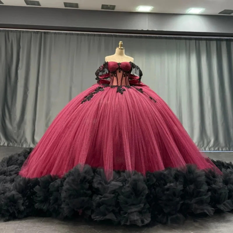 

Shiny Dark Red Quinceanera Dress Crystal Glitter flower Decal Lace layering Bow Long tail Vestidos De 15 Quinceanera ﻿Customize