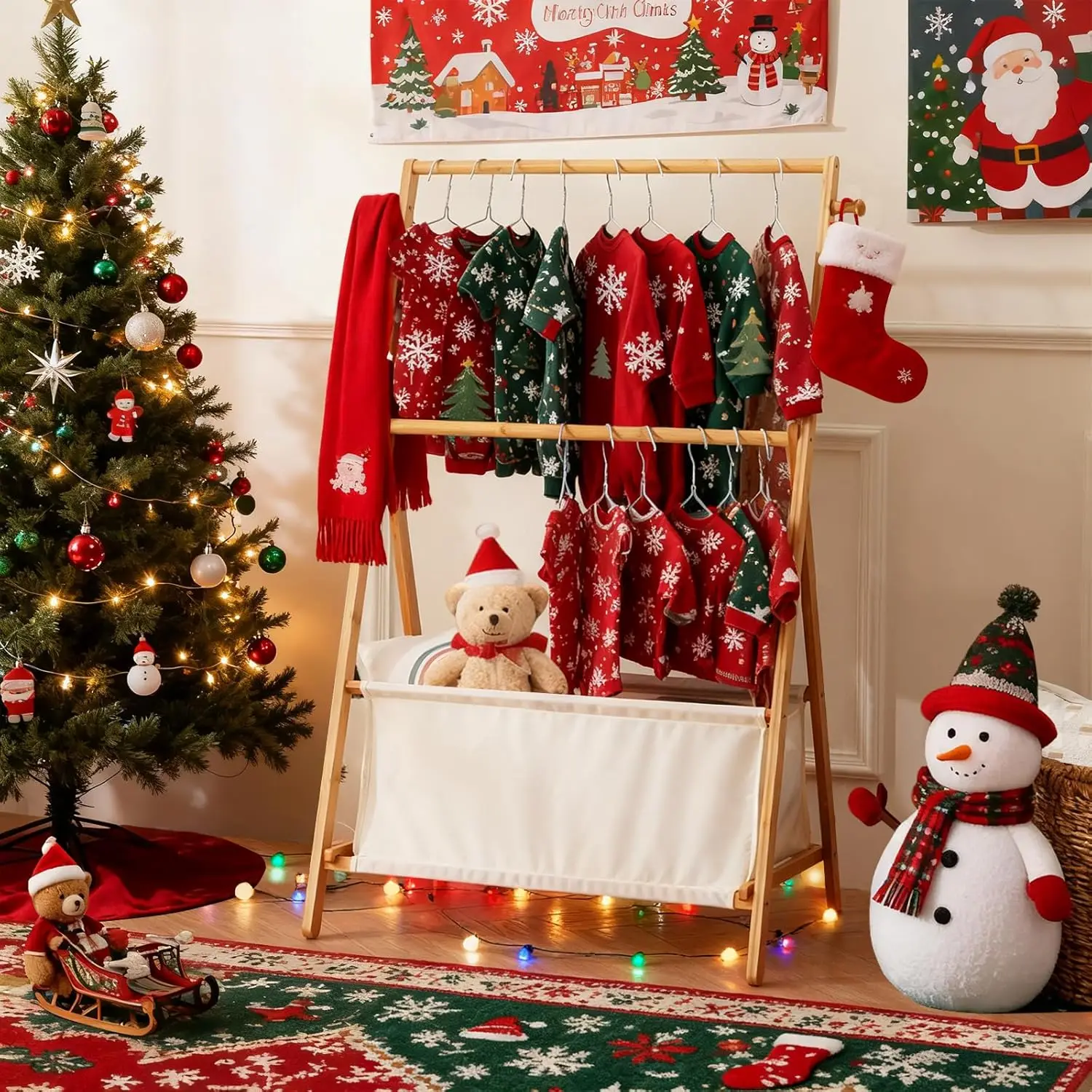 رف تلبيس للأطفال للفتيات، تخزين ملابس من الخيزران مع قضبان مزدوجة، رف أزياء قابل للطي #1