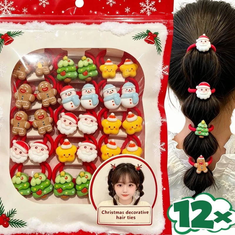 2/12Pcs Resin Christmas Hair Rope Ponytail Holder New Year Festive Xmas Hair Ties for Children Cartoon Elastic Hair Accessories