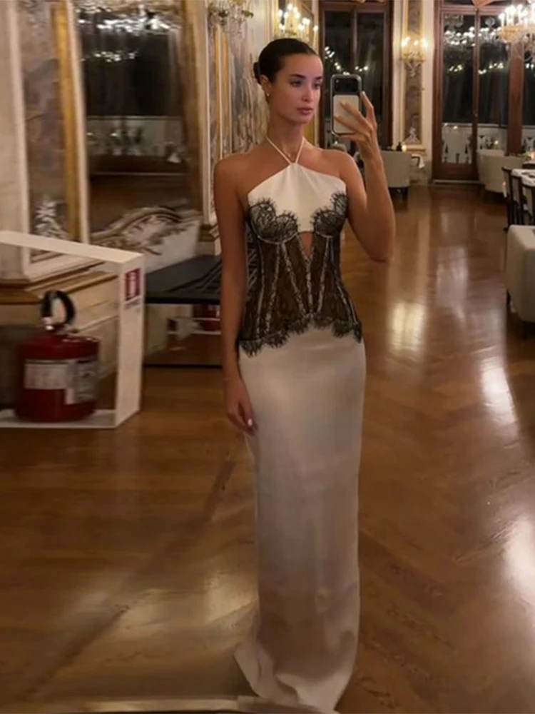 المرأة الدانتيل المرقعة الرسن فستان ماكسي الجوف خارج انظر من خلال فساتين بلا أكمام سيدة جديدة أنيقة موضة مساء رداء حفلات 2025