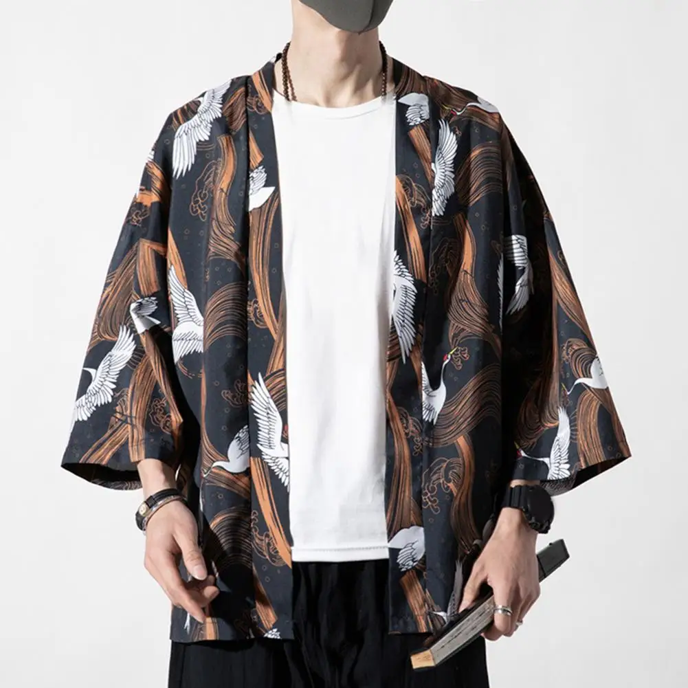 Men Shirt Bird Print Three-quarter Sleeve Men Kimono Japanese Style Samurai Costume Yukata Asian Clothes Men Clothes For Daily