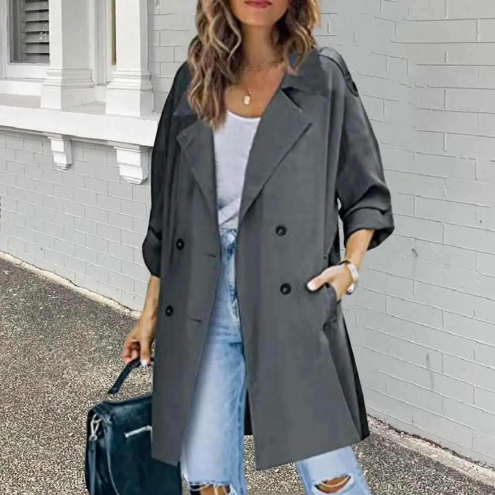 Autumn Spring Women's Trench Coat Lapel Concave Collar Double Breasted Loose Coat Medium Long Solid Color OL Commuter Coat