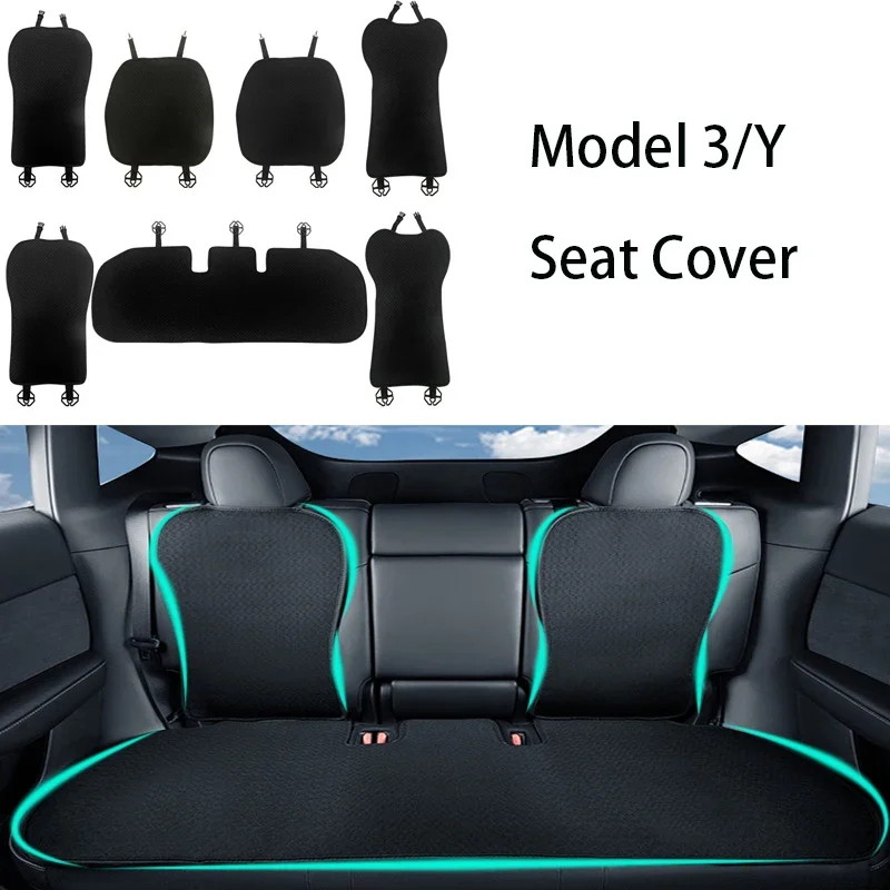 7pcs/set Mats For Tesla Model 3 Y Car Seat Cushion Breathable All Season Back Seat Pad Protector Covers Ice Silk Accessories