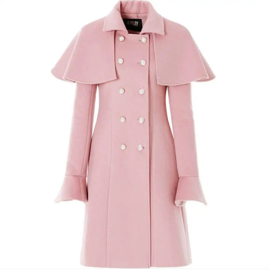 Cappotto da donna in lana doppiopetto con perle vintage soprabito rosa slim