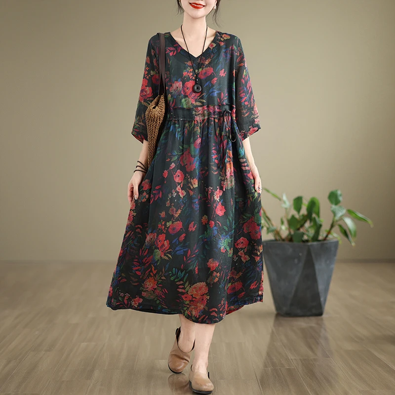 فستان نسائي صيفي بخصر مرتفع وحزام، مصنوع من القطن والكتان، تصميم كلاسيكي أنيق وبسيط برقبة على شكل V، تنورة متوسطة الطول واسعة