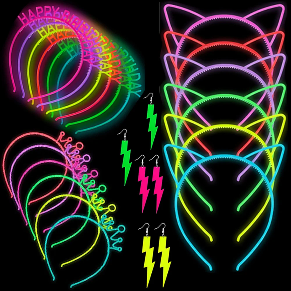 

Cat Ears Headband Crown Hair Hoop Tiara Animal Hairband Lightning Earrings Glow in the Birthday Halloween Christmas Party Decor