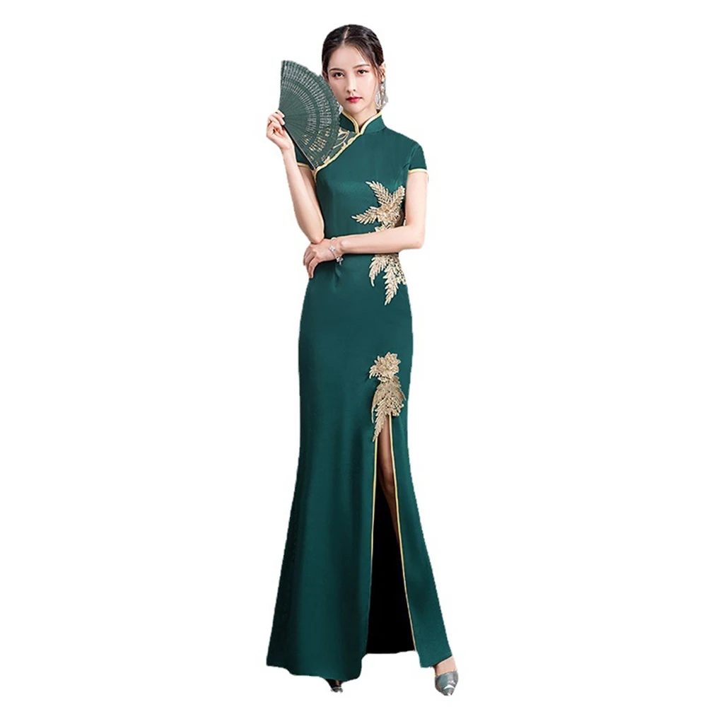 Short-sleeved Floral Appliques Green Cheongsam Side High-split Women Evening Banquet Dress Vintage Chinese Long Qiapao Vestidos