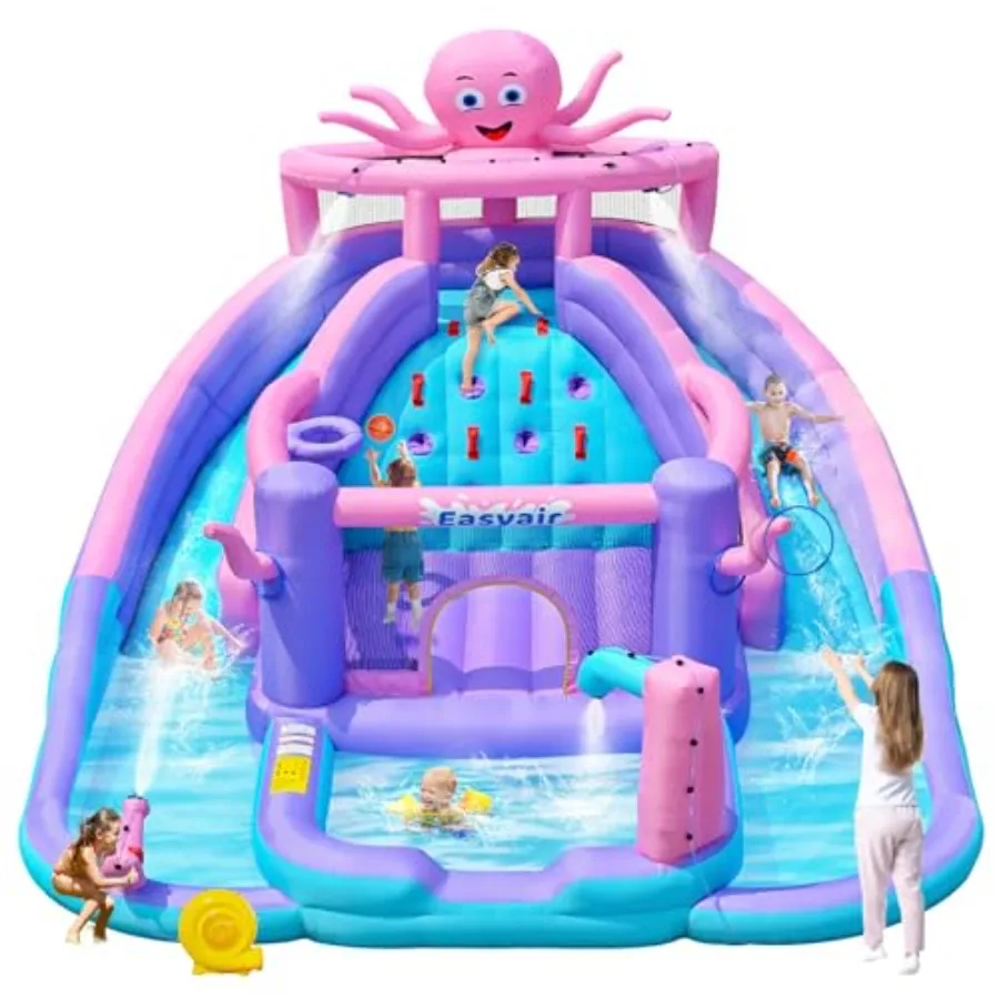 Inflatable Bounce House Water Slide Combo, Blow Up Water Slides for Backyard, Jumper with Climbing Wall, Basketball Hoop, Splas