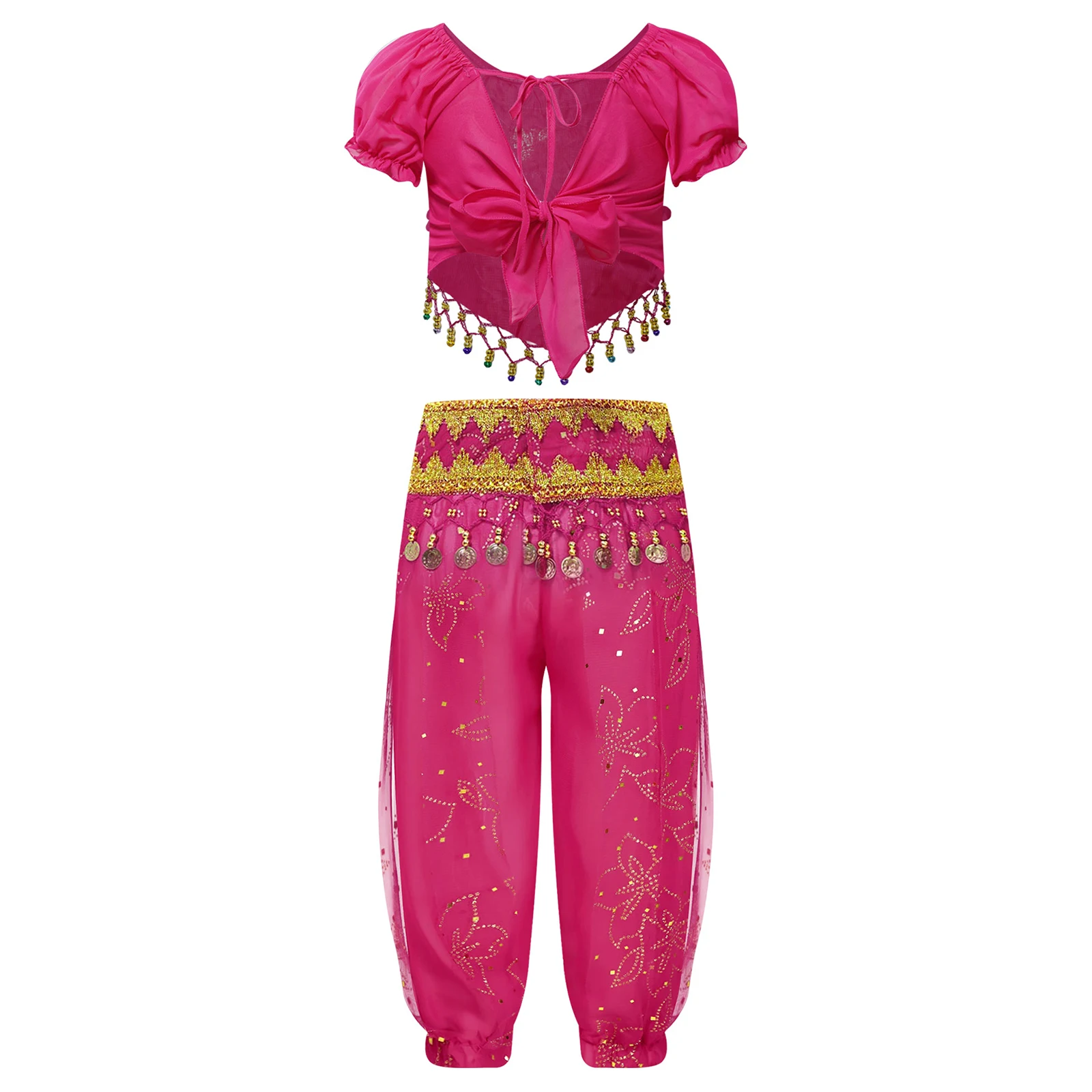 Kids Girls Belly Dance Outfits Children Indian Dancing Clothes Costume Sequin Tassels Crop Top Shiny Floral Print Bloomers Pants