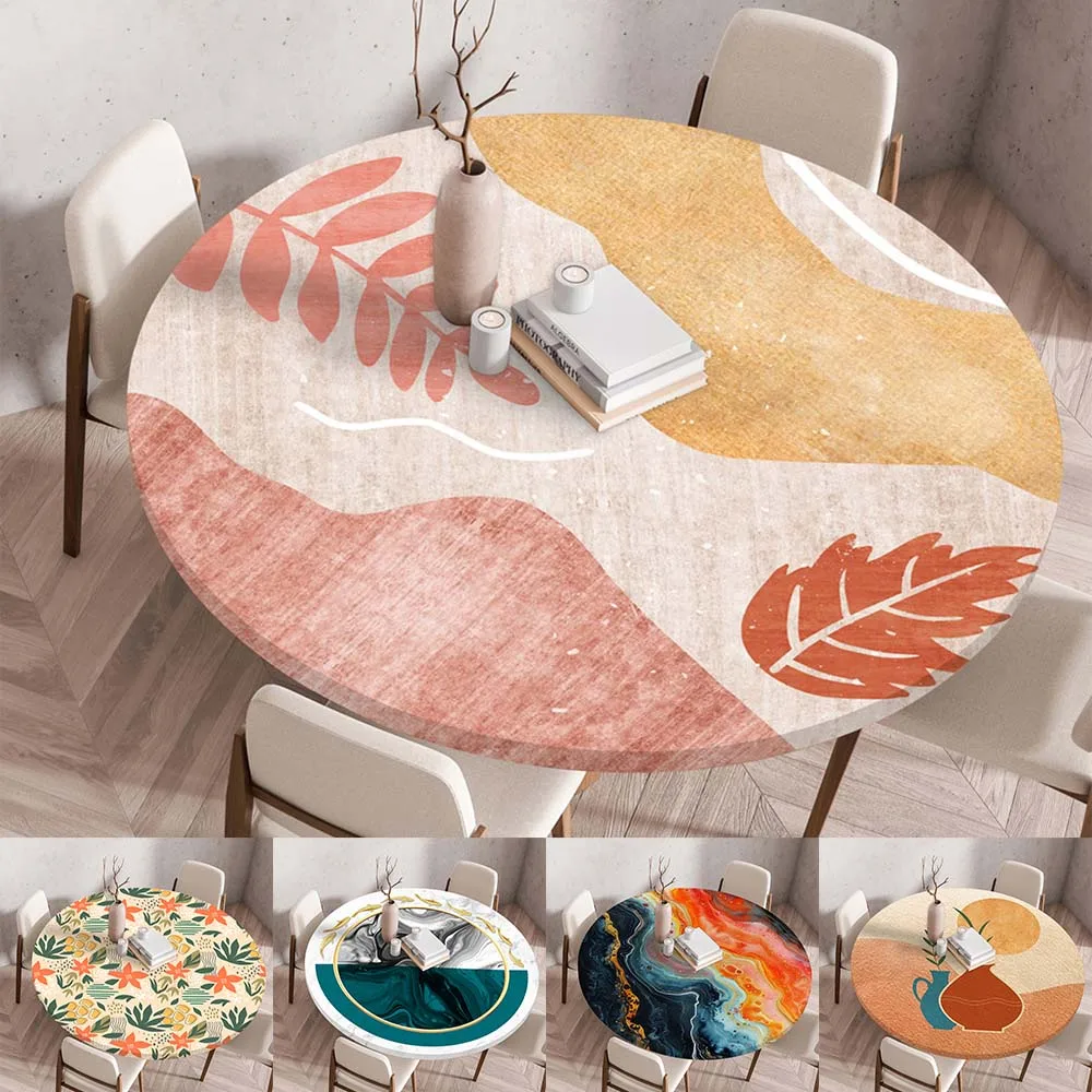 

60/80/100/120/140cm Elasticized Tablecloth Waterproof Oilproof Printed Round Tablecloth Home Party Kitchen Restaurant Decoration