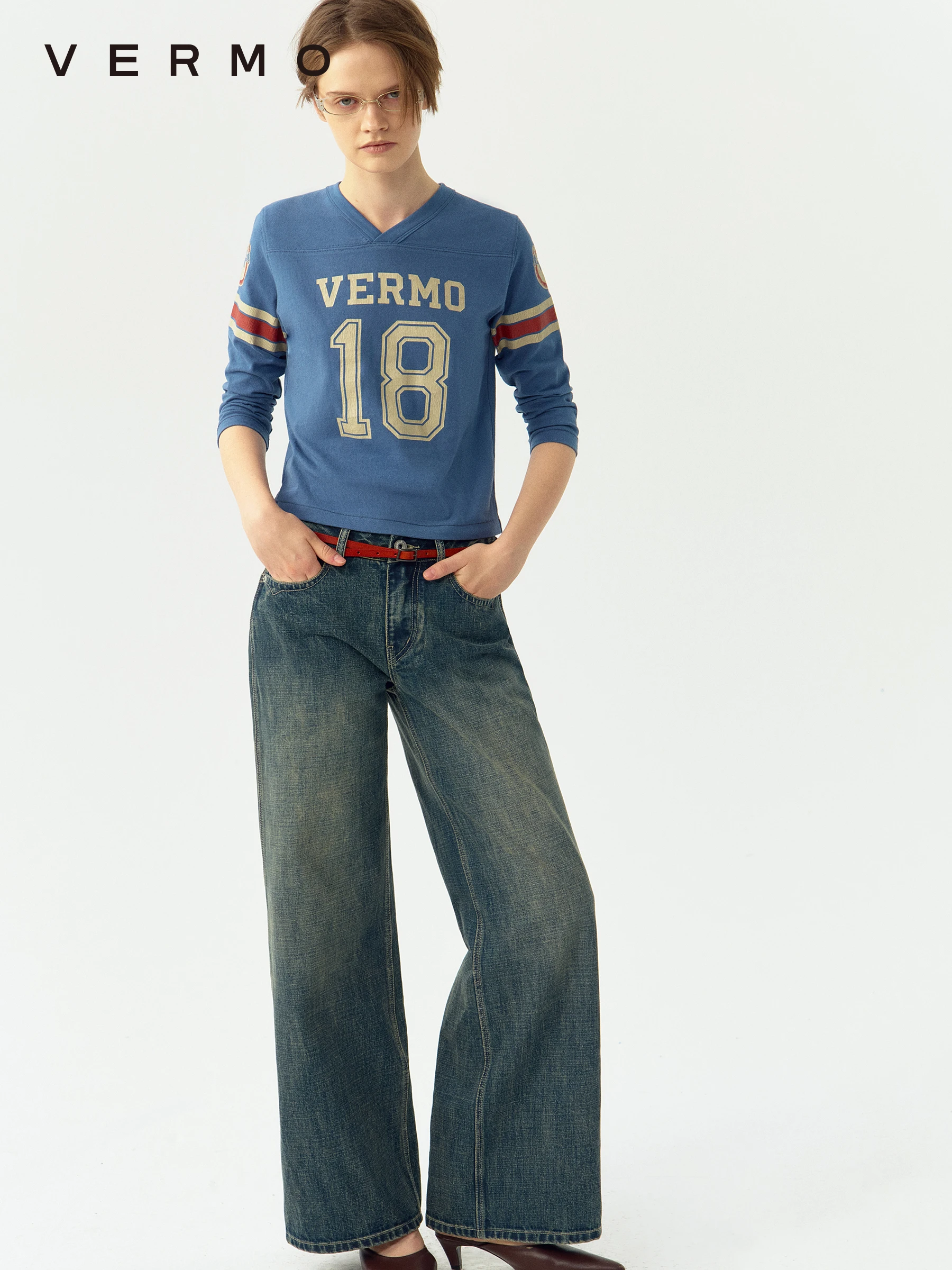 VERMO 90s Retro V-Neck Improved Baseball Shirt Crack Pattern Printed Cotton Long Sleeve Women's T-Shirt Straight Cut Style